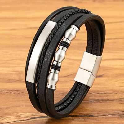 XQNI Leather Bangle Multi-layer Stainless Steel Metal Mens Bracelet Male Jewelry Best Gifts For Birthday Wedding Magnetic Clasp