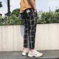 Mens Fashion Casual Cotton Plaid Elastic Waist Long Pants