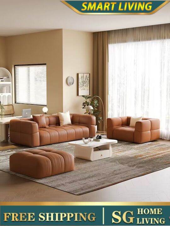 [Pre Order]Leather Simple Cat scratch Leather French Cream Style Straight Row Cotton Candy Sofa