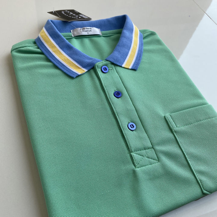 polo-shirt-เสื้อโปโล-ผ้าไมโครแอร์-micro-plus-สีเขียวมิ้นท์-ปกขลีปฟ้าเหลือง-สวมใส่สบาย-แบบคลาสสิค-ไม่เหมือนใคร-เหมาะสำรับอากาศในประเทศไทย