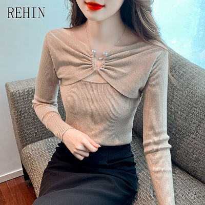 REHIN ของผู้หญิงด้านบนด้านหน้ากลับสองวิธีในการสวมใส่ถักเสื้อกันหนาวเสื้อแขนยาวฤดูใบไม้ร่วงภายในเสื้อบาง