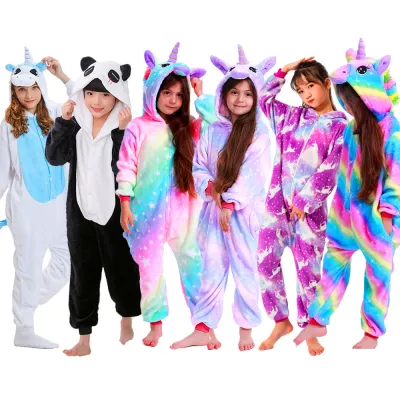 2021 Children Cartoon Pajamas Winter Sleepwear Boys Onesies Girls Pajamas Sets Unicorn Totoro Panda Animal Kids Pyjamas Pijama