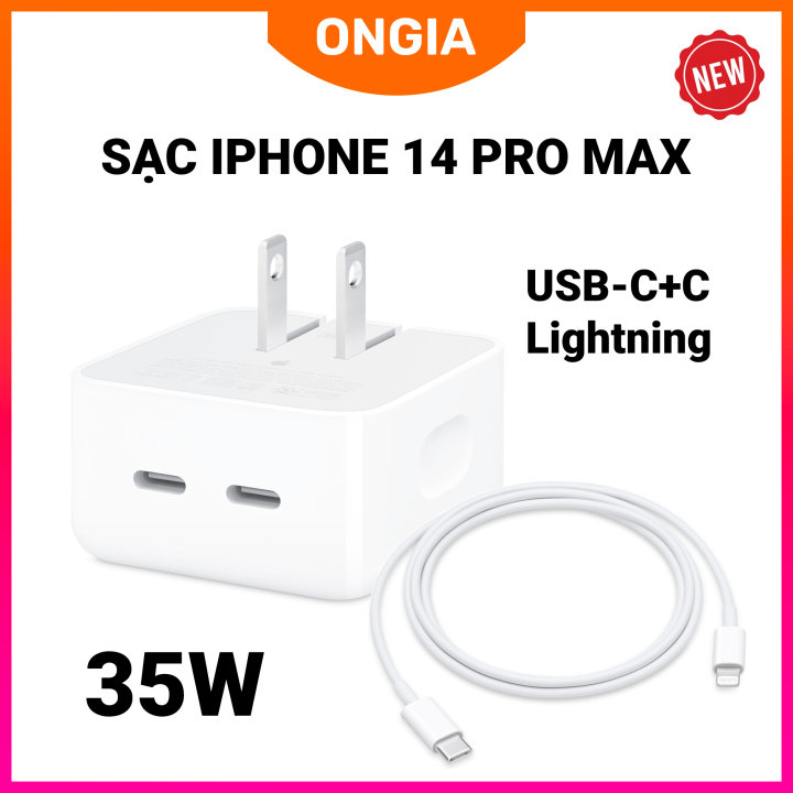 Sạc nhanh cho iPhone 14 Pro Max, 2 cổng USB-C+C 35W Power Adapter, Có kèm  theo dây sạc 