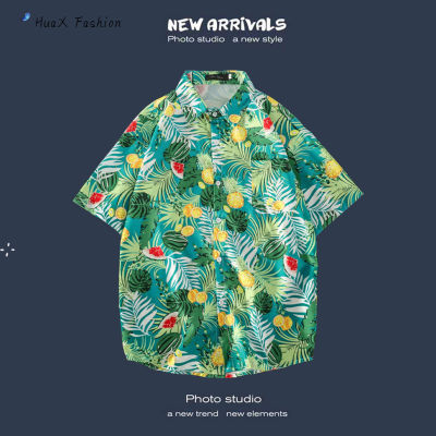 HX Men Hawaii Beach T Shirt Retro Floral Printing Summer Short Sleeves Tops Loose Lapel Shirt