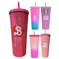 【lz】♟  Tumbler Studded Double Wall com palha Garrafa de água isolada com palha Barbi Cup Bling Bling 800ml 24oz