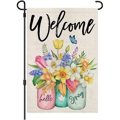 Spring Welcome Garden Flag , Double Sided Burlap Weatherproof Flag Farmhouse Flag for Outdoor Yard Lawn Decoration