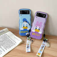 เคสนิ่มหยักสำหรับ Samsung Galaxy Z Flip5 Flip4 Flip3 5G ฝาครอบป้องกันเป็ดการ์ตูนใสลายคลื่น TPU พร้อมสายคล้อง