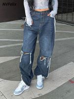 【YD】 Hole Jeans Y2k Clothing 90s Baggy Straight Denim Trousers Waist Stitching Pants Streetwear New