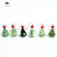 Mini Handmade Glass Green Christmas Tree Figurines Ornament Silver Foil Design Hanging Xmas Decoration Charm Pendant Accessories