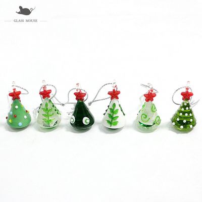 Mini Handmade Glass Green Christmas Tree Figurines Ornament Silver Foil Design Hanging Xmas Decoration Charm Pendant Accessories