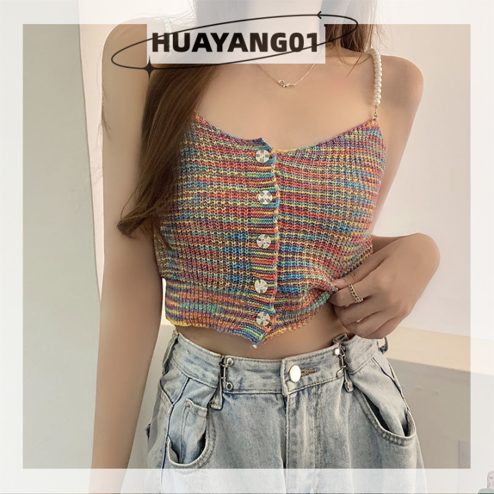 huayang01-2023แฟชั่นใหม่ล่าสุดเสื้อชั้นในสตรีถักสีสันสดใสเสื้อสายเดี่ยวแขนกุดสำหรับฤดูร้อนมีลูกปัดเซ็กซี่เสื้อกล้าม