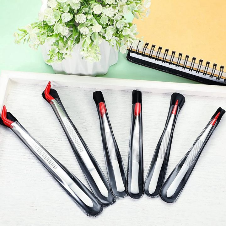 6pcs-tweezers-with-rubber-tips-set-soft-pvc-rubber-coated-tips-bent-and-straight-flat-tip-precision-bent-long-tweezers