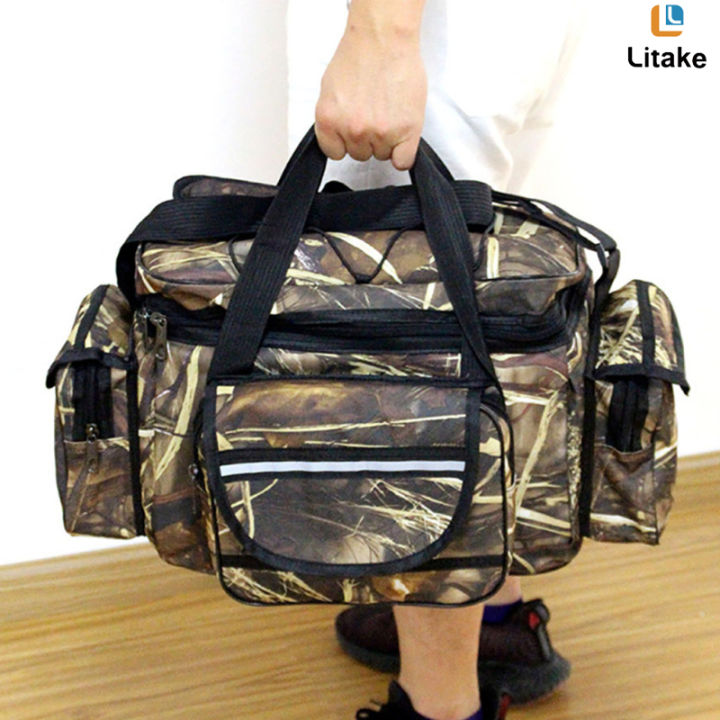 กระเป๋าอุปกรณ์ตกปลากระเป๋าเป้กลางแจ้งผ้าอ็อกซ์ฟอร์ดความจุขนาดใหญ่อเนกประสงค์ลายพรางกระเป๋าตกปลา