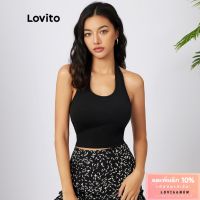 Lovito เสื้อกล้ามคร็อป แบบเชือกแขวนคอ สีเรียบ สไตล์ลำลอง L21AS054 (สีดำ)