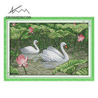 Crossdecor Cross Stitch ชุดกับวัสดุทำด้วยมือ Dmc ข้ามชุดด้าย11CT 14CT Stamped ชุดสัตว์ DIY เย็บปักถักร้อยชุดตกแต่งบ้านจอแสดงผล Sala - Swans ใน Lotus Pond