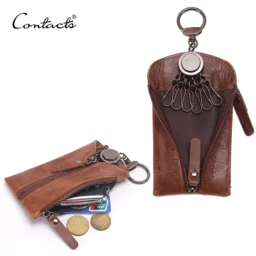 CONTACT'S Genuine Leather Men Key Wallet Vintage Keychain Cover Zipper Key  Pouch Bag Housekeeper Key Holder Male Key Purse