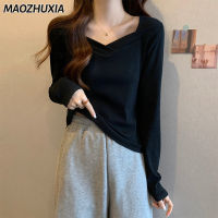 MAOZHUXIA เสื้อยืดสีทึบผ้าฝ้ายแขนยาวคอเหลี่ยมด้านใน