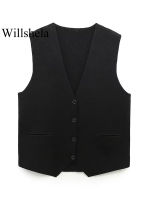 Willshela ผู้หญิงแฟชั่นสีดำเดี่ยวหน้าอกถักเสื้อกันหนาว Vintage V คอแขนกุดหญิง Chic Lady Waistcoat...