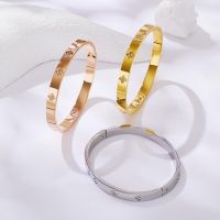 Luxury Brand Stainless Steel 4 Leaf With Zircon Beautiful Bracelet For Woman Lovers Bangles  Jewelry Party  Birthday Gifts