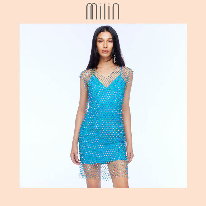 milin-crystal-netted-mesh-overlay-mini-dress-with-v-neckline-เดรสสั้นคล้องคอ-คอวี-แต่งทับด้วยเดรสตาข่าย-แต่งคริสตัล-avalon-dress-สีชมพู-สีขาว-สีดำ-pink-white-black