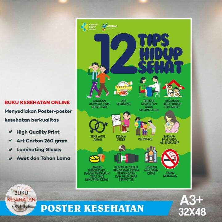 Poster kesehatan 12 tips hidup sehat laminating glossy lazada indonesia