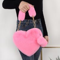【Lanse store】Faux Fur Winter Women Handbags Cute Plush Ladies Heart Shaped Shoulder Bag Cute Female Clutch Purse Love Handbags Messenger Bag