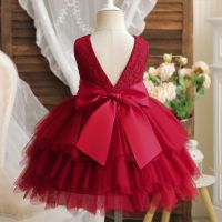 Bow Kids Princess Dresses for Girls Elegant Red Christmas Clothes Wedding Evening Party Gown Lace Baby Birthday Party Vestidos