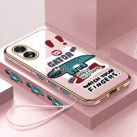 เคสใส่โทรศัพท์สำหรับฟรีสายคล้อง A38 OPPO A18 + การ์ตูนจระเข้ลายขอบสี่เหลี่ยมชุบเคลือบเคสโทรศัพท์หรูหราชุบเคลือบเคสโทรศัพท์นิ่ม