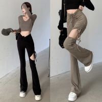 CODiy085671 Women Long Pant Floor Pants Bell Bottoms High Waist Sense of Design Solid Color