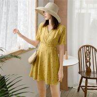 Korean Dress Ready Stock Women Deep V-Neck Short Sleeve Floral Print Slim Waist Boho Dresses