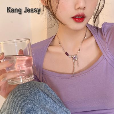 Kang Jessy สร้อยคอพู่หัวใจสาวฮอตสำหรับฤดูร้อนสำหรับผู้หญิงการออกแบบระดับไฮเอนด์ที่มีเอกลักษณ์เฉพาะสายรัดกระดูกไหปลาร้าสีม่วงสไตล์เย็นหวาน
