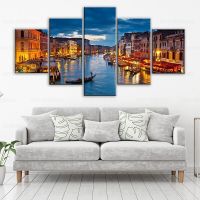 Venice Night Skyline Landscape Canvas Prints - 5 Piece Giclee Wall Art For Living Room, Bedroom,And Home Decor - Italy Cityscape Painting Picture - High Quality, Durable,And Stylish