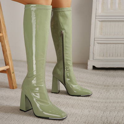 SZHYDZ รองเท้าบูทส้นสูงหนังหนาส้นสูง,รองเท้าบูทหุ้มข้อกลางมีซิปด้านข้างขนาดใหญ่สำหรับผู้หญิงที่มีแขนยาว