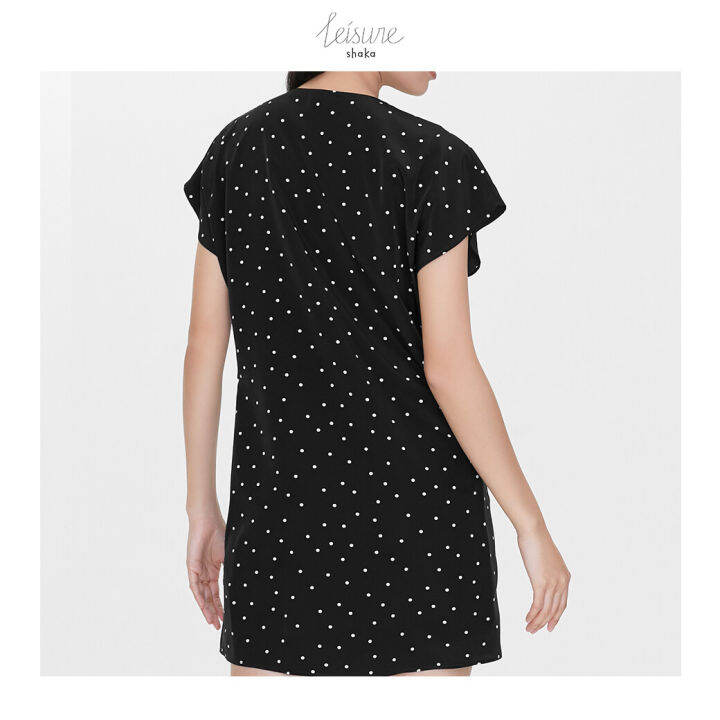 shaka-leisure-ss21-polka-dot-mini-dress-เดรสสั้นแขนในตัว-คอกลม-สาบกระดุมหน้า-ds-l210314