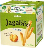 Calbee Jagabee มันฝรั่งอบแห้งแบบแท่งรส เกลือ (1กล่อง มี 5 ซอง)1 ซอง มี 16 g.カルビー ジャガビー  うすしお味5袋入り