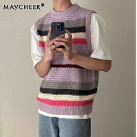 MAYCHEER  เสื้อสเวตเตอร์ผู้ชายแฟชั่นลายทางคอกลมของผู้ชายใหม่