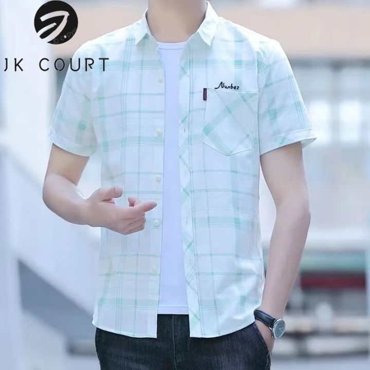 jk-court-เสื้อฤดูร้อนแขนสั้นเสื้อเชิ้ตผู้ชาย-เสื้อเสื้อโค้ตลายตารางกระเป๋า-m-4xl