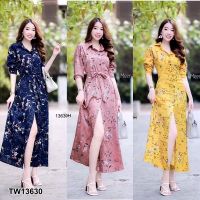 SS13630 Maxi Dress เดรสเชิ้ตยาว กระดุมผ่าหน้า ลายดอกไม้