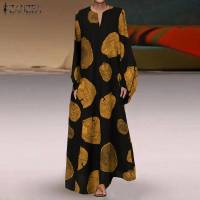 ZANZEA Women Vintage V Neck Long Sleeve Sundress Autumn Printed Dress Oversized Casual Loose Holiday Maxi Vestidos Robe Femme