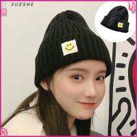 XUESHE ฤดูหนาว น่ารัก ใบหน้ายิ้มแย้ม ผ้าขนสัตว์ หมวก ถัก สีทึบ