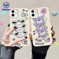 เคสสำหรับ iPhone 15 14 13 12 11 Pro Max X Xr Xs Max 7 8 Plus SE 2020 Pacha Dog และ Kuromi ข้าวสาลีฟางสีขาวคลังสินค้าพร้อมเคสแข็งป้องกันสวย