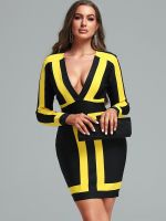 Vestido De Bandagem Oco Feminino แมนกาลองกา Vestido Festa À Noite Bodycon Sexy Elegante Altura Do Joelho Roupas Clube Amarelo 2022