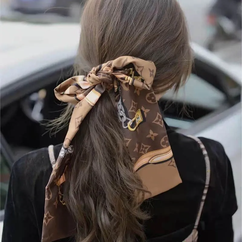 Korean Fashion Silk Scarf LV Turban Elegant Ponytail Hair Tie Ribbon Bow  Hair Rope Headband