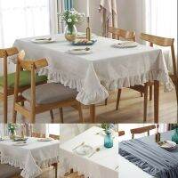 Rustic Vintage Flounces Ruffle Trim Tablecloth Washable Cotton Linen Table Cover