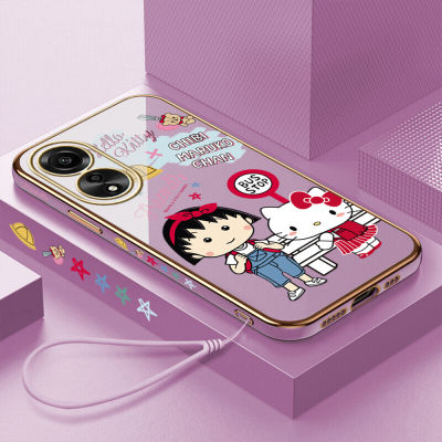 GGK สำหรับ OPPO A78 4G ฟรีสายคล้องการ์ตูน Chibi Maruko-Chan Kity แมวเด็กผู้หญิงปลอกลวดลายขอบสี่เหลี่ยมเคสโทรศัพท์เด็กผู้หญิงชุบหรูหราเคสโทรศัพท์นิ่ม