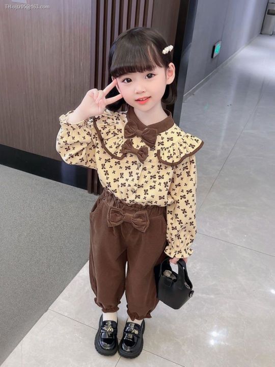 baby-girl-autumn-female-floral-fashion-brim-two-piece-han-edition-childrens-recreational-fashionable-brown-suit