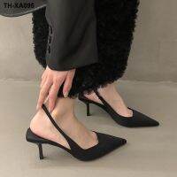 French high-heeled black baotou 2023 spring and summer sandals fairy shoes niche senior satin pointed single shoes