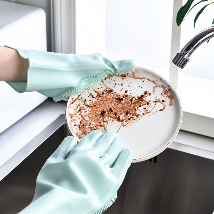 ถุงมือน้ำยาล้างจานซิลิโคนยางถุงมือฟองน้ำเครื่องถูในครัวเรือนเครื่องมือทำความสะอาดครัวส่งในห้องครัว