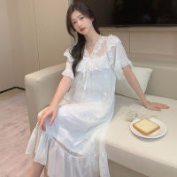 Ao Dai 2023 ฤดูใบไม้ผลิและฤดูร้อนใหม่ Modal ตาข่ายชุดนอนผู้หญิง V-Neck แขนสั้นศาลสไตล์เจ้าหญิงชุดนอนชุดเดรสสำหรับผู้หญิง