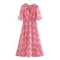 ZZOOI DEAT 2020 New Summer Fashion Casual Patchwork High Waist Zipper Print V-neck Short Sleeve Pink Floral Dress Women SD727